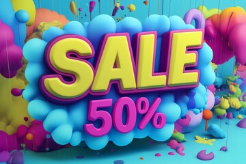Wall Mural - Bold 3D text SALE 50% announcement in a vibrant comic style