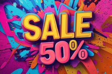 Wall Mural - Bold 3D text SALE 50% announcement in a vibrant comic style