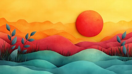 Poster - Vibrant paper-cut landscape with a large sun setting over colorful rolling hills and foliage