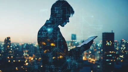 Poster - Double exposure business man using tablet on futuristic network connect city technology background/
