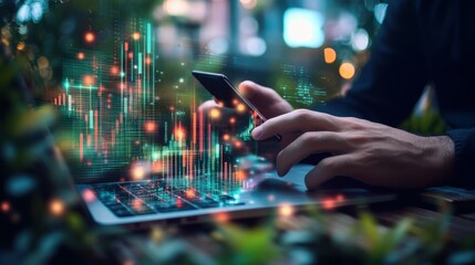 Poster - Close up of man hands using cellphone and laptop keyboard with creative glowing business chart and ai binary code nodes on outdoor background. Virtual marketing and finance concept. Double exposure.