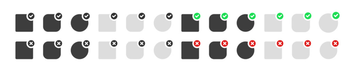 Set icons message. Black and gray sms sign. Button with checkmark and cross. Simple message icon in vector design style