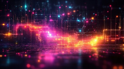 Fototapete - Vibrant digital landscape with flowing neon lines and glowing particles in a dark environment