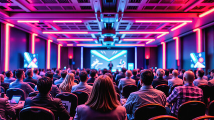 tech conference with neon pink and blue lighting illuminates audience facing digital screens. modern