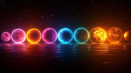 Poster - Colorful planets reflecting on water surface under starry sky