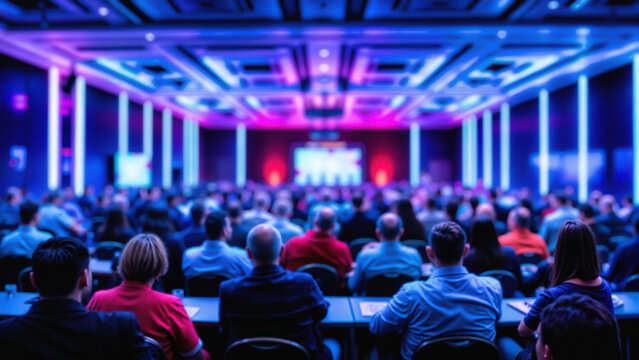 Large audience at business conference with blue and purple lighting. Attendees face stage with presentation screen in modern corporate venue. Professional gathering with executives and industry