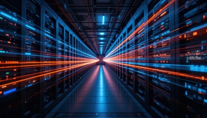Poster - Futuristic Data Center with Light Trails and Server Racks