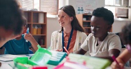 Poster - School, education and teacher with children in classroom for lesson, learning and writing for youth development. Happy students, academy and woman with kids for assessment, progress and knowledge