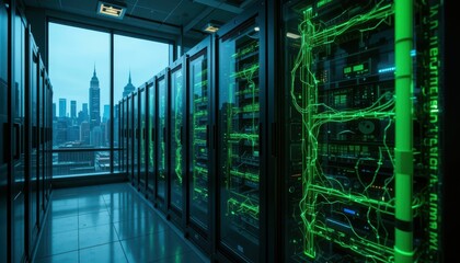 Poster - Futuristic Data Center with City View and Neon Green Lights