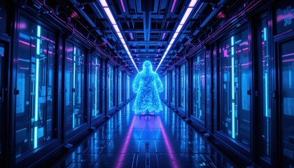 Poster - Futuristic Digital Figure in Neon-Lit Server Room Corridor