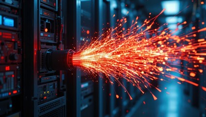 Poster - Spark Emanating from Server in Data Center with Dramatic Lighting