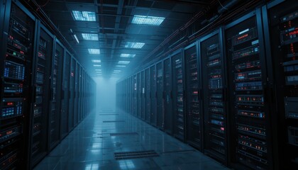 Poster - High-Tech Data Center Interior with Server Racks and LED Lights