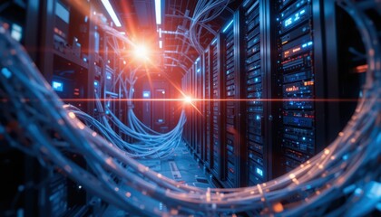 Poster - Futuristic Data Center with Vibrant Lights and Cables in Perspective