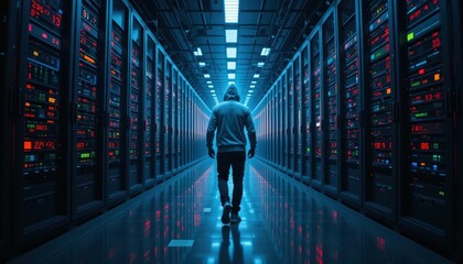 Poster - Mysterious Figure Walking Through Data Center with Glowing Servers