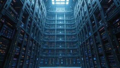 Poster - Expansive Data Center Interior with High-Tech Server Racks and Lighting