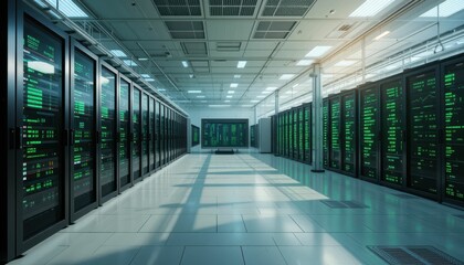 Poster - Modern Data Center with Server Racks and Green Digital Displays