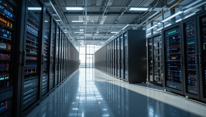 Poster - Modern Data Center Interior with Rows of Server Racks and Equipment