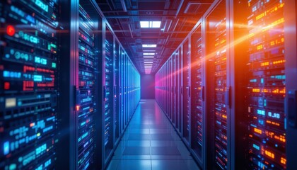 Poster - Data Center Corridor with Server Racks and LED Lights