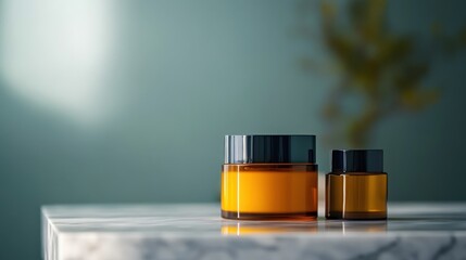 Poster - Two amber glass jars on a marble surface, softly lit, with a blurred green background