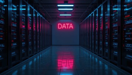 Poster - Neon Data Center with Servers and Glowing Light Effects
