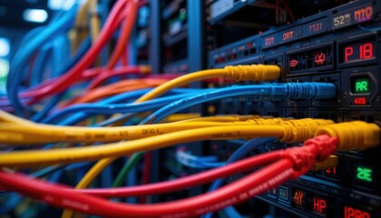 Poster - Colorful Ethernet Cables Connected to a Network Switch in Rack