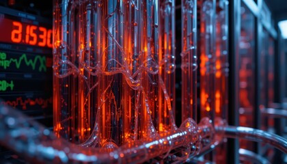Poster - Glowing Red Tubes in High-Tech Data Center with Monitors