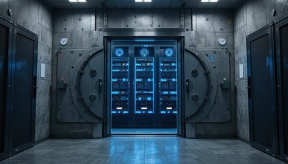 Poster - High-Tech Server Room with Security Doors and Neon Lights