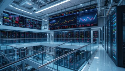 Poster - High-Tech Data Center with Multiple Screens Displaying Stock Market Trends