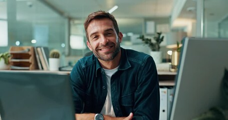 Poster - Face, relax and happy man with laptop, confidence and technology for finance, bookkeeping and report. Portrait, budget and auditor with smile for company, accounting and financial investment online