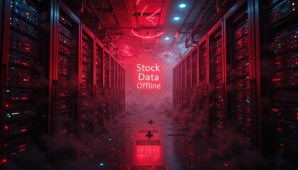 Poster - High-Tech Data Center with Red Neon Lights and Offline Status