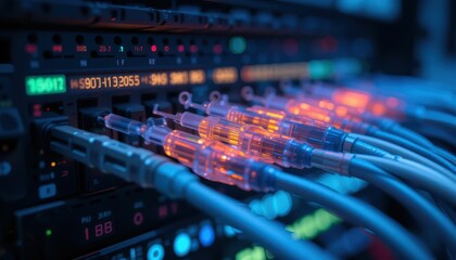 Poster - Colorful Fiber Optic Cables Connected to Server Technology Rack