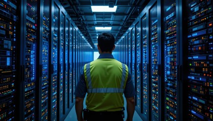 Poster - Technician Wearing Safety Vest in Data Center Surrounded by Servers