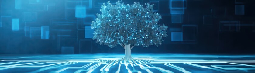 Poster - Futuristic 3D Digital Tree Design in Abstract Style with Technology and Nature Elements