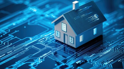 Poster - Futuristic 3D Render of a Smart Home on Circuit Board Background for Real Estate Concepts
