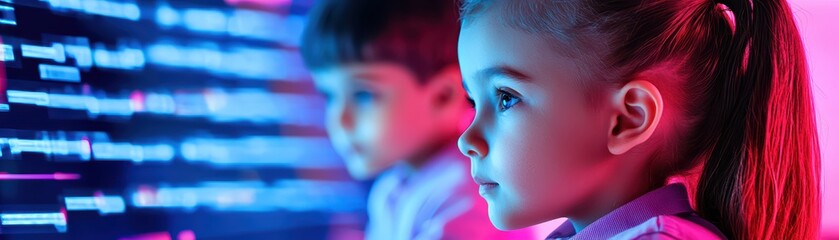 Poster - Futuristic Classroom Scene in 3D Rendering Featuring Engaged Children Focused on Learning