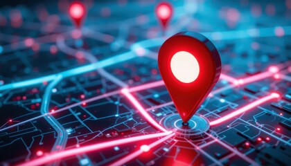 Poster - Geolocation Concept with Map and GPS Pin Icon in Neon Style