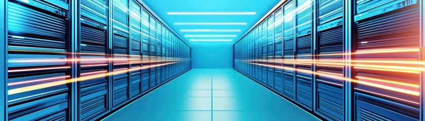 Poster - Futuristic Isometric View of a Server Room with Glowing Data Cables and Sleek Design Elements