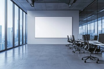 Aufkleber - A modern conference room with a blank white wall, glass windows, and sleek office chairs overlooking a city skyline. Ideal for corporate presentations, business meetings, and branding