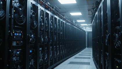 Poster - High-Tech Server Room with Rows of Powerful Data Servers and Fans