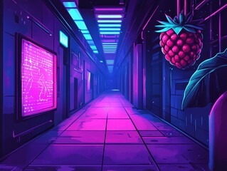 Poster - Futuristic pixelated hallway with neon purple and blue lighting and a large plant in the corner