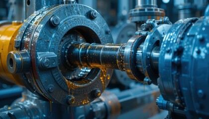 Poster - Close-Up of Industrial Machinery with Oil and Gears in Action
