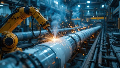 Poster - Robotic Arm Welding Pipe in Industrial Factory with Sparks Flying