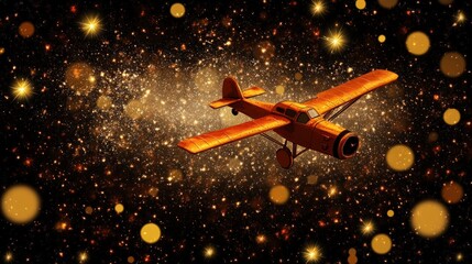 Poster - Pixelated orange airplane against a black background with sparkling golden confetti and bokeh lights creating a celestial effect