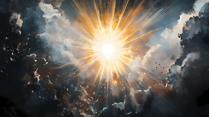 A bright white light emanates from the center of a black background, surrounded by a glowing halo and radiating rays. Ethereal Light. Illustration