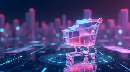 Poster - miniature shopping cart filled with glowing, pixelated items floats above a neon-lit cityscape