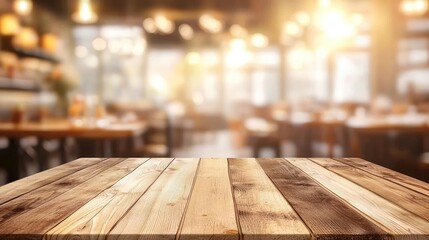 Aufkleber - Rustic wooden table with a blurred warm-lit restaurant background, creating a cozy dining atmosphere. Ideal for food presentations, menus, and hospitality marketing