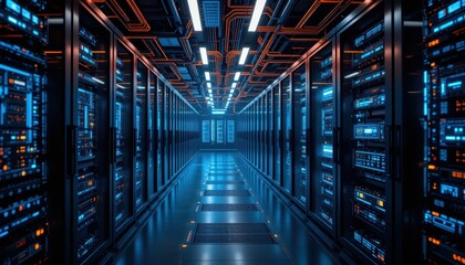 Poster - Futuristic Data Center with Neon Lights and Server Racks in Perspective