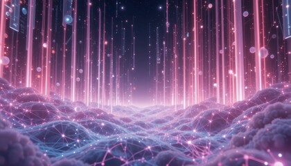Poster - Ethereal Digital Landscape with Glowing Particles and Soft Clouds