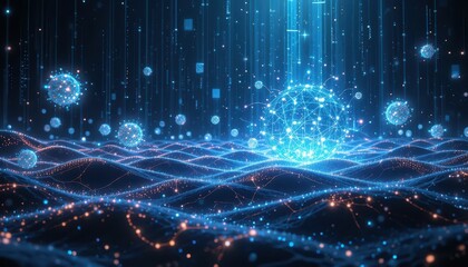 Poster - Futuristic Blue Abstract Digital Landscape with Floating Particles