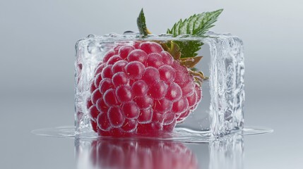 Poster - Generic food item encased in a block of ice with water droplets against a gray background with vibrant red and green highlights